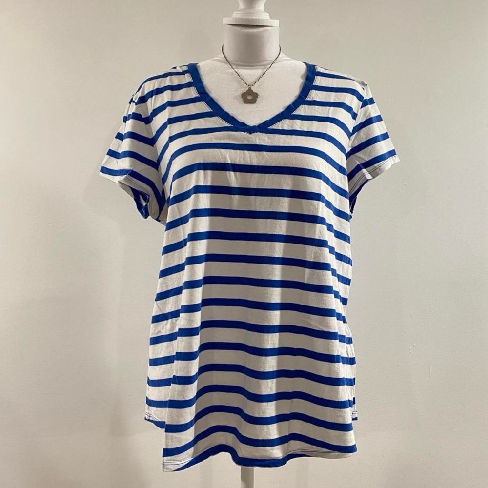 Blue and White Striped V-Neck Women's Top